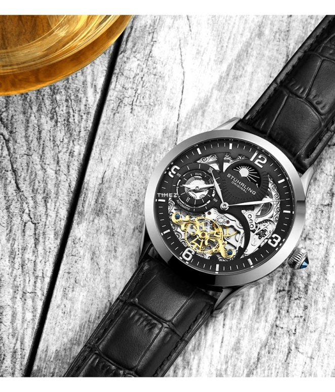 Stuhrling,Legacy 44mm,44mm,Stainless Steel,Black,Automatic,Dule Time,Day / Night Indication,3921,3921.1