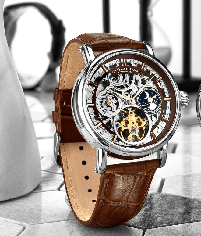 Stuhrling,Legacy 43mm,43mm,Stainless Steel,Brown,Silver,Automatic,Dule Time,Day / Night Indication,4000,4000.4