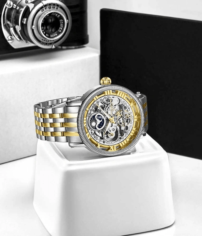 Stuhrling,Legacy 48mm,48mm,Stainless Steel,Gold,Silver,Automatic,Dule Time,Day / Night Indication,3922,3922.2