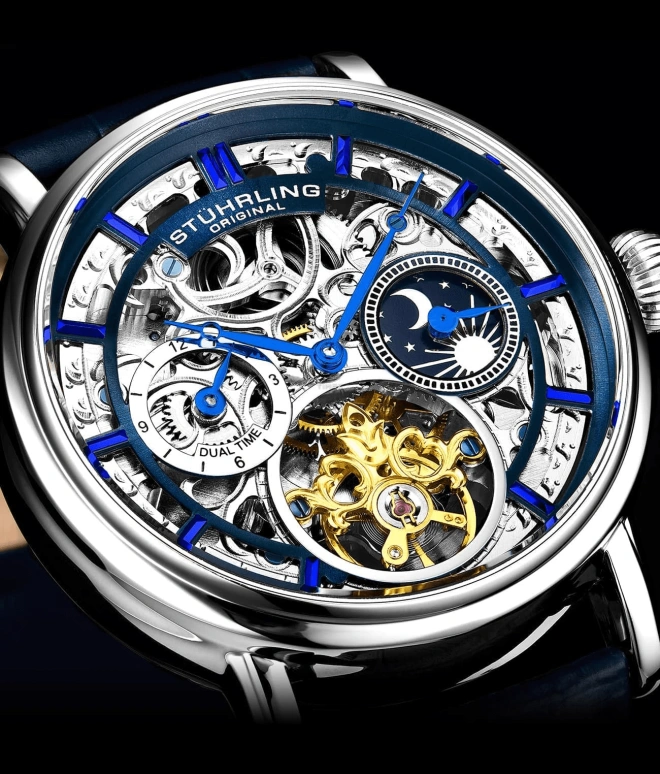 Stuhrling,Legacy 43mm,43mm,Stainless Steel,Blue,Silver,Automatic,Dule Time,Day / Night Indication,4000,4000.1