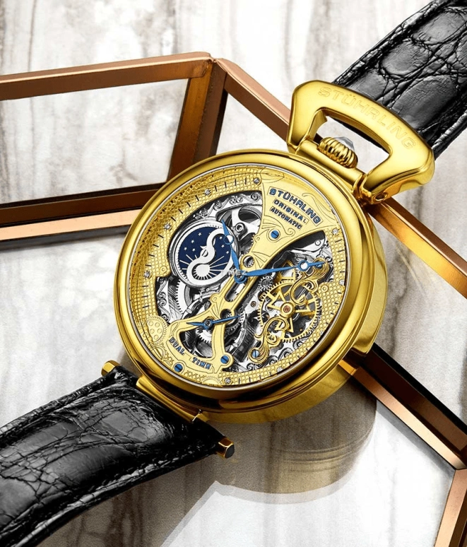 Stuhrling,Legacy 46mm,46mm,Stainless Steel,Gold,Automatic,Dule Time,Day / Night Indication,3920,3920.2