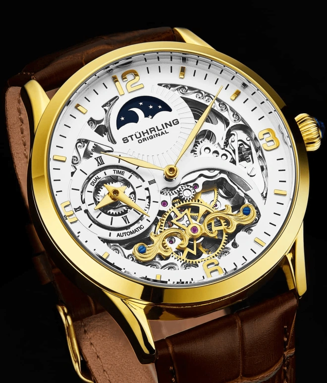 Stuhrling,Legacy 44mm,44mm,Stainless Steel,White,Automatic,Dule Time,Day / Night Indication,3921,3921.3