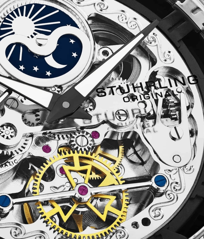 Stuhrling,Legacy 48mm,48mm,Stainless Steel,Black,Silver,Automatic,Dule Time,Day / Night Indication,3922,3922.4