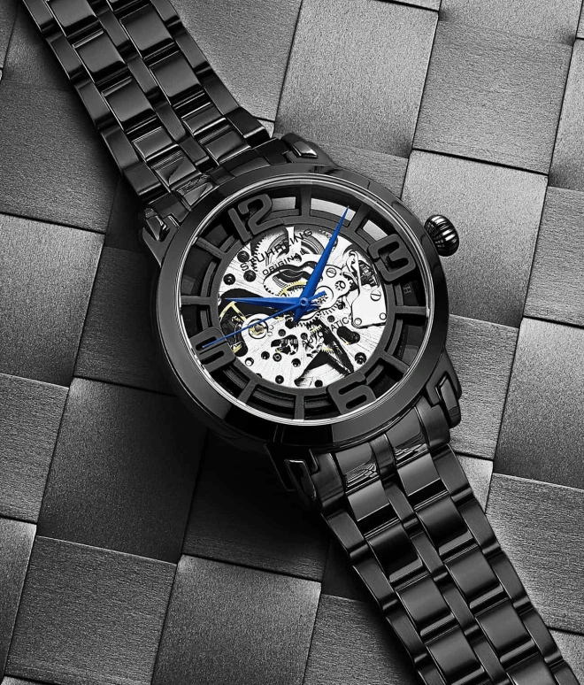 Stuhrling,Legacy 42mm,42mm,Stainless Steel,Black,Silver,Automatic,Hardlex,Round,3964,3964.2