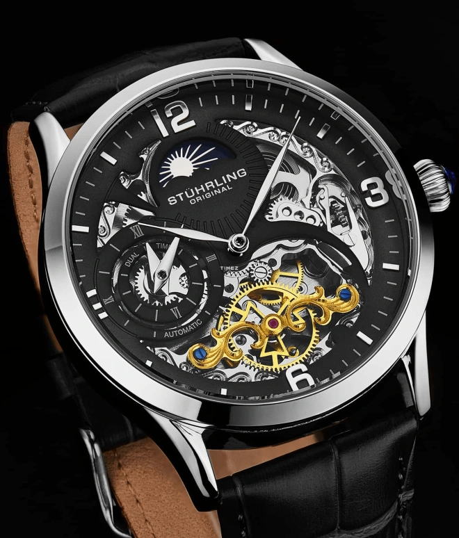 Stuhrling,Legacy 44mm,44mm,Stainless Steel,Black,Automatic,Dule Time,Day / Night Indication,3921,3921.1