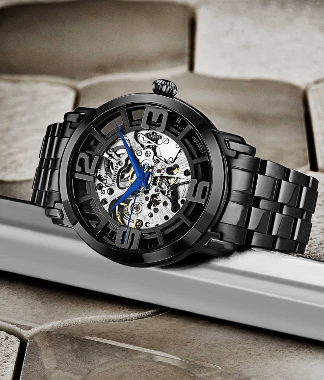 Stuhrling,Legacy 42mm,42mm,Stainless Steel,Black,Silver,Automatic,Hardlex,Round,3964,3964.2