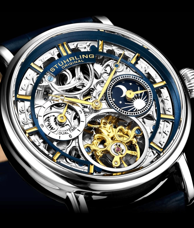 Stuhrling,Legacy 43mm,43mm,Stainless Steel,Blue,Silver,Automatic,Dule Time,Day / Night Indication,4000,4000.3