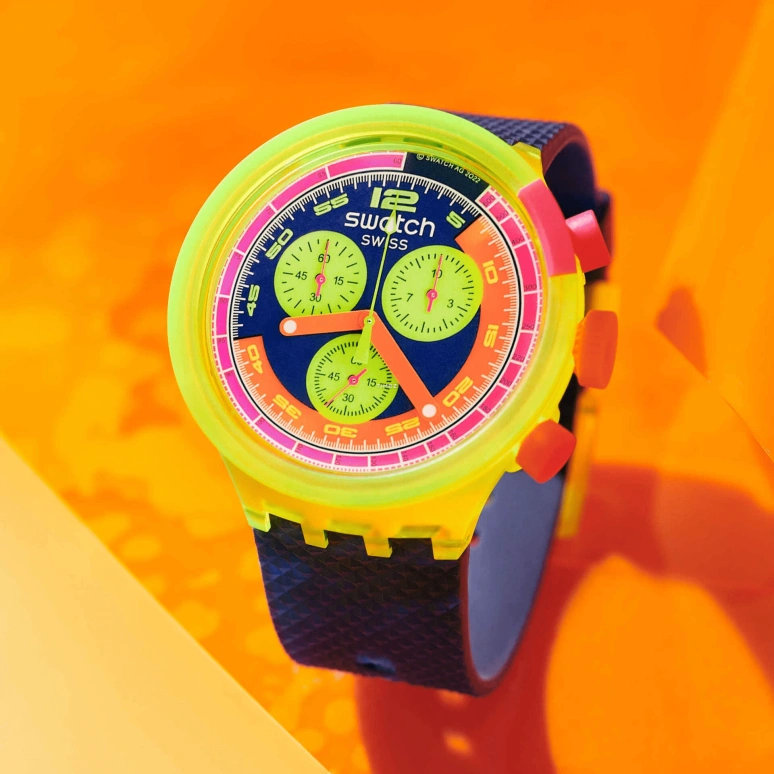 Swatch,NEON 47mm,47mm,Bio-sourced,Blue,Multi-Color,Quartz,Chronograph,Round,SB06J100