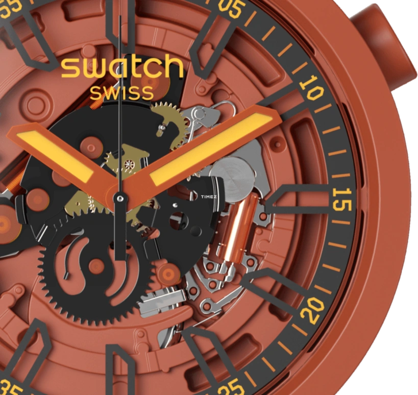 Swatch,Other 47mm,47mm,Plastic,Red,Skeleton,Quartz,Sapphire,Crystal Glass,Round,SB01R100