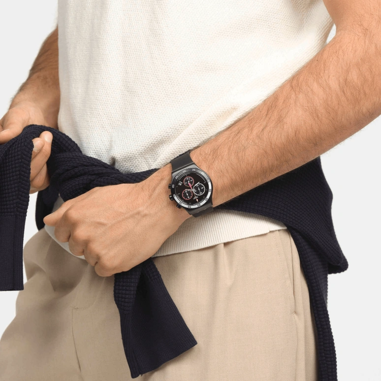 Swatch,Other 43mm,43mm,Stainless Steel,Black,Quartz,Chronograph,Day,YVB413