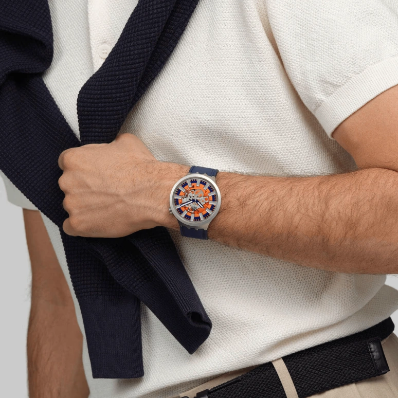 Swatch,Swatch Essentials 47mm,47mm,Stainless Steel,Orange,Skeleton,Quartz,Sapphire,Crystal Glass,Round,SB07S114