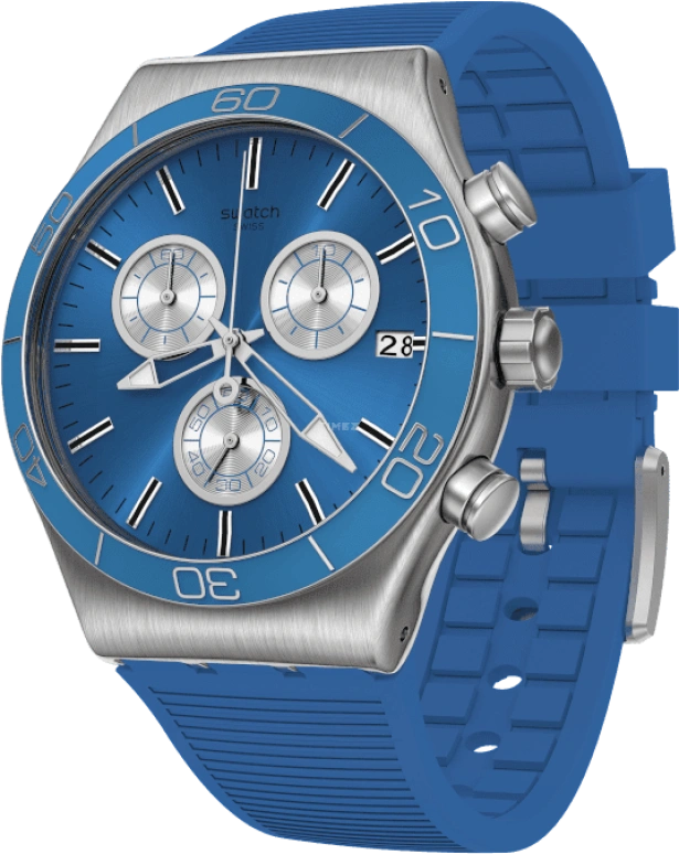 Swatch,IRONY 43mm,43mm,Stainless Steel,Black,Silver,Blue,Minutes,YVS485