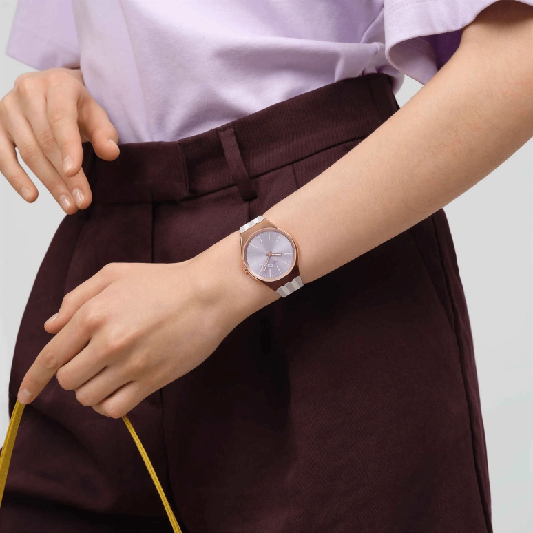 Swatch,SKIN 38mm,38mm,Stainless Steel,Purple,Quartz,Round,Rose Gold,SYXG130