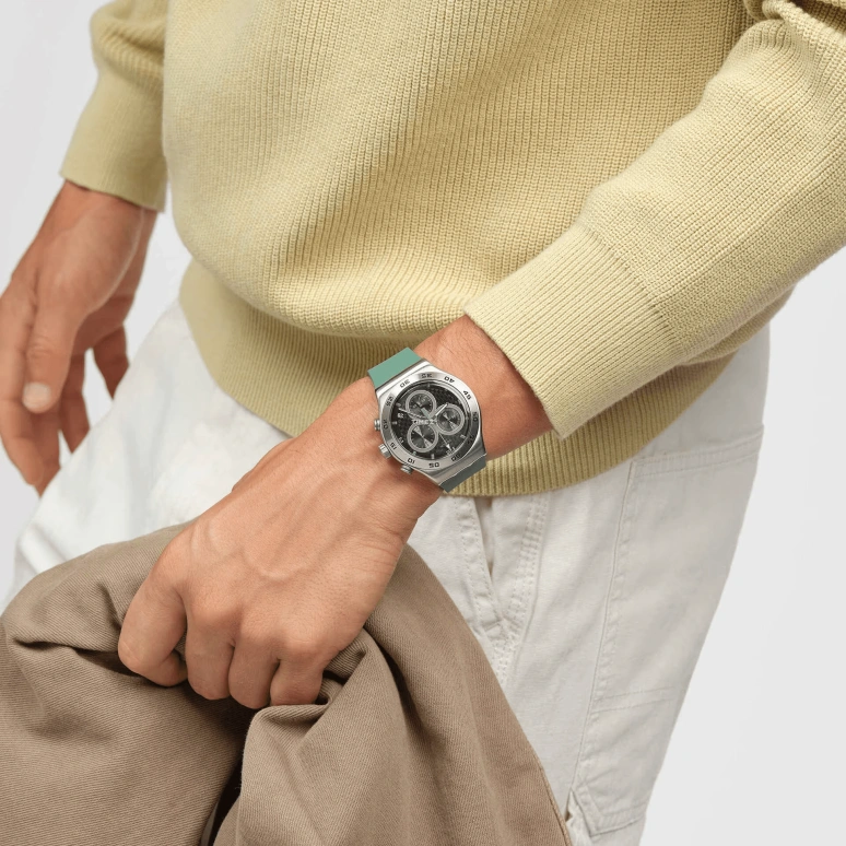 Swatch,Other 43mm,43mm,Stainless Steel,Black,Quartz,Chronograph,Day,YVS525