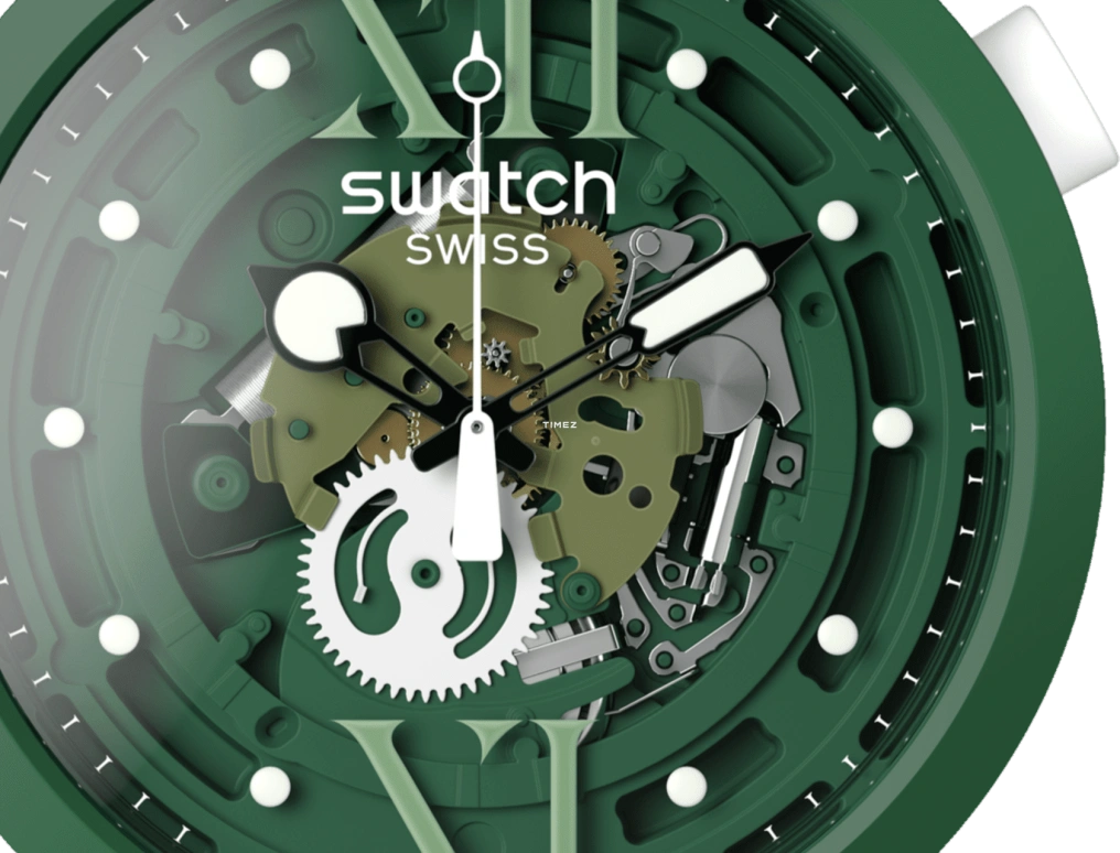 Swatch,Other 47mm,47mm,Bio-sourced,Green,Skeleton,Quartz,Sapphire,Crystal Glass,Round,SB05G104