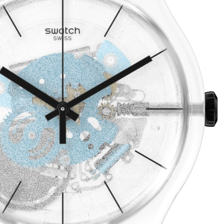 Swatch,Originals 41mm,41mm,Bio-sourced,Blue,White,Quartz,Tonneau,Transparent,SO29K105