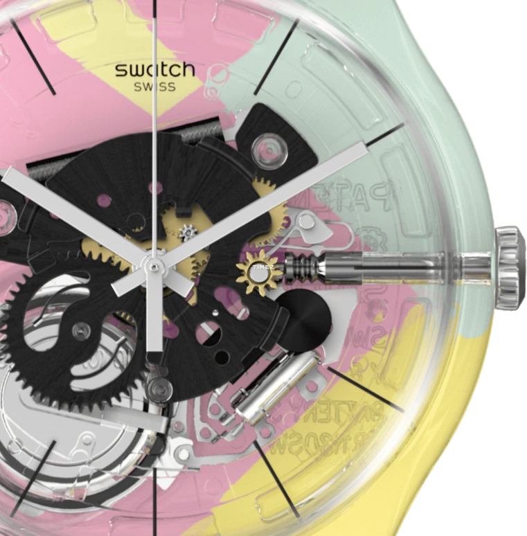 Swatch,Other 41mm,41mm,Plastic,Green,Yellow,Quartz,Tonneau,Transparent,SUOK144,SUOK144-010