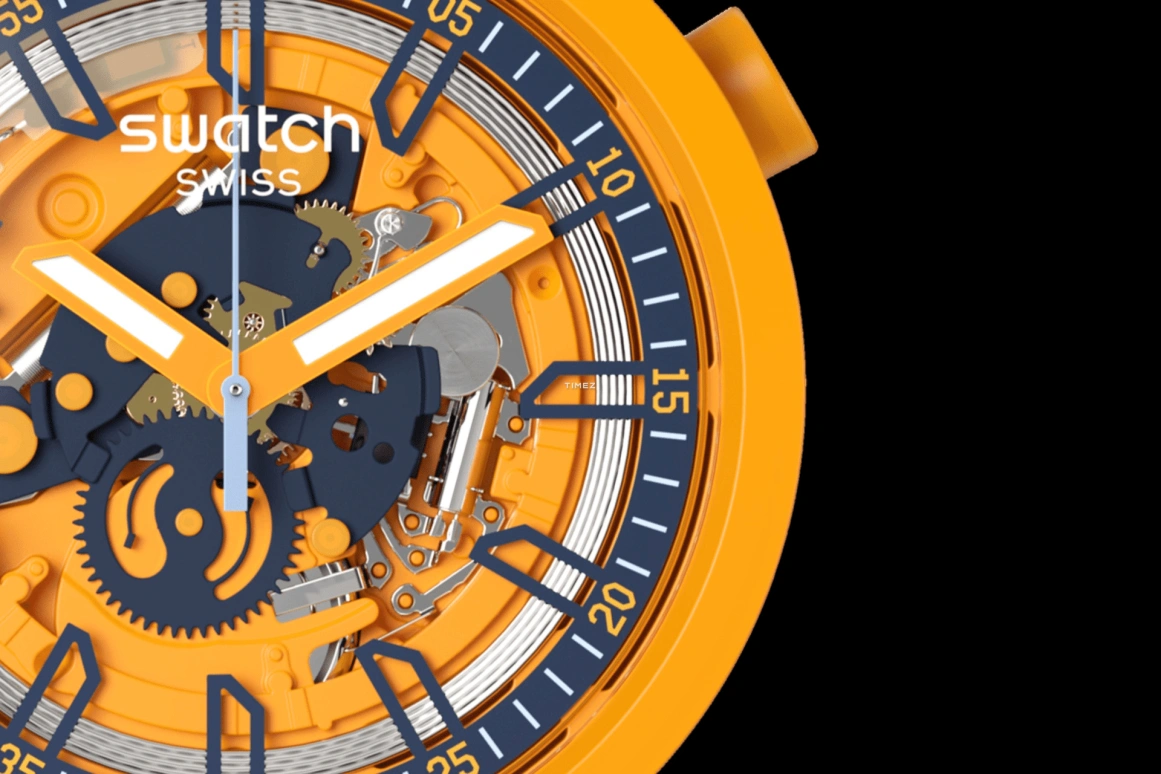Swatch,Other 47mm,47mm,Plastic,Orange,Skeleton,Quartz,Crystal Glass,Sapphire,Round,SB01O100,SB01O100-5300