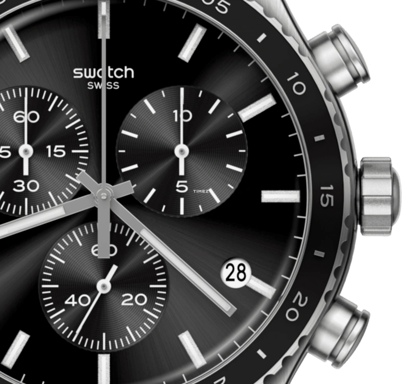 Swatch,Other 43mm,43mm,Stainless Steel,Black,Quartz,Chronograph,Day,YVS495