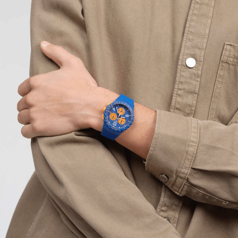 Swatch,Originals 42mm,42mm,Plastic,Blue,Orange,Quartz,Chronograph,Day,SUSN419