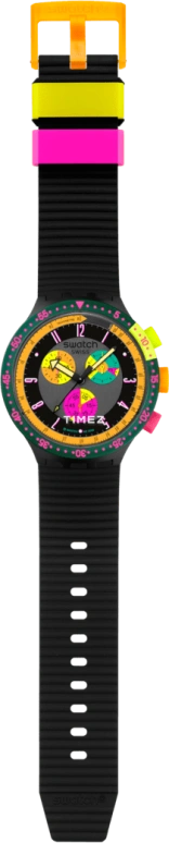 Swatch,NEON 47mm,47mm,Composite,Black,Multi-Color,Quartz,Chronograph,Round,SB02B104