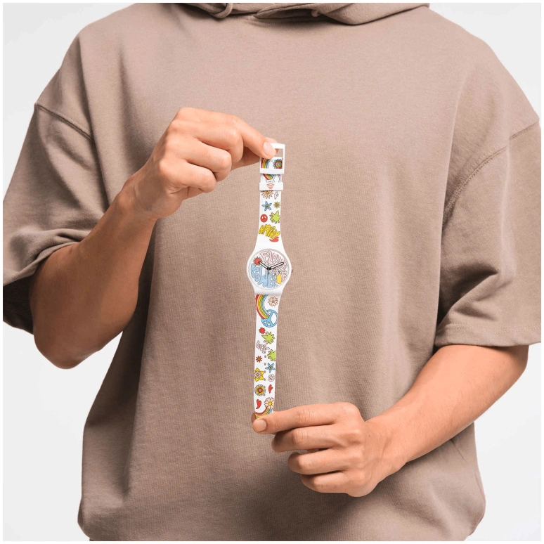 Swatch,Originals 41mm,41mm,Bioceramic,White,Multi-Color,Quartz,Sapphire,Crystal Glass,Round,SO32W108,SO32W108-5300
