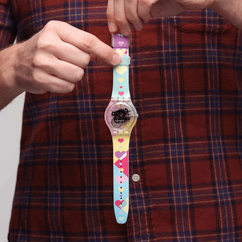 Swatch,Other 41mm,41mm,Plastic,Green,Yellow,Quartz,Tonneau,Transparent,SUOK144,SUOK144-010