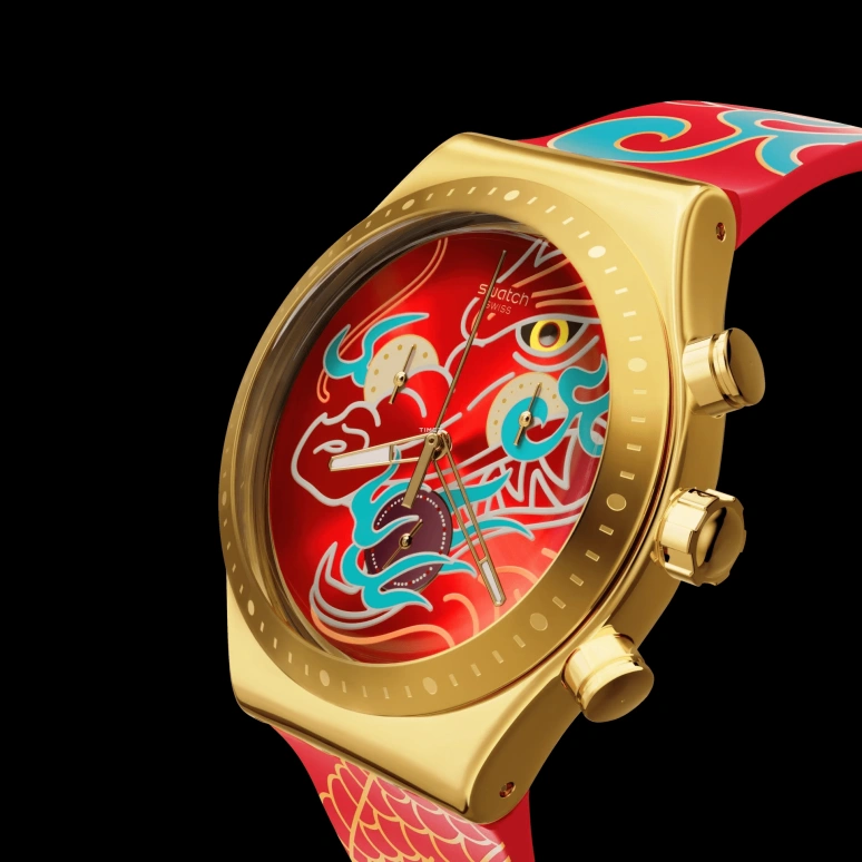 Swatch,Other 43mm,43mm,Stainless Steel,Red,Quartz,Round,Gold,YVZ100