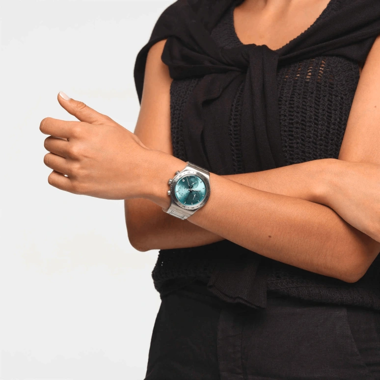 Swatch,Other 43mm,43mm,Stainless Steel,Green,Quartz,Chronograph,Day,YVS498G