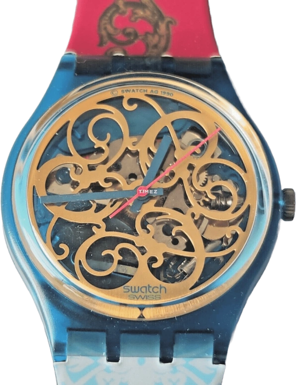Swatch,Other 34mm,34mm,Plastic,Skeleton,Quartz,Crystal Glass,Tonneau,GN107
