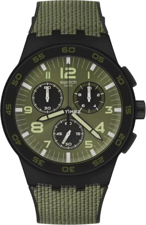 Swatch,Other 42mm,42mm,Plastic,Green,Quartz,Chronograph,Tonneau,SUSB105