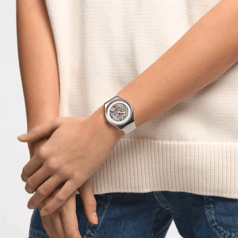 Swatch,Other 38mm,38mm,Stainless Steel,White,Skeleton,Quartz,Sapphire,Crystal Glass,Round,SYXS138