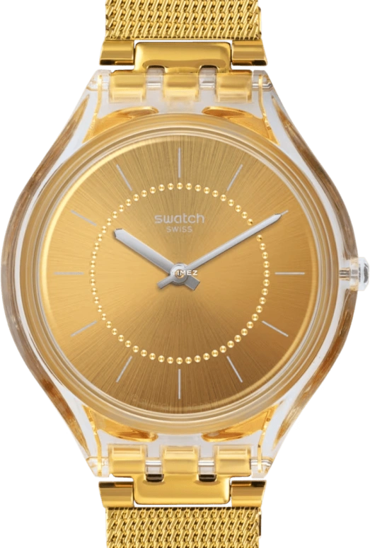 Swatch,SKIN 36.80mm,36.80mm,Plastic,Gold,Quartz,Tonneau,Transparent,SVOK100M