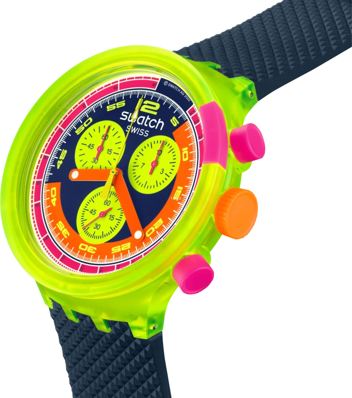 Swatch,NEON 47mm,47mm,Bio-sourced,Blue,Multi-Color,Quartz,Chronograph,Round,SB06J100
