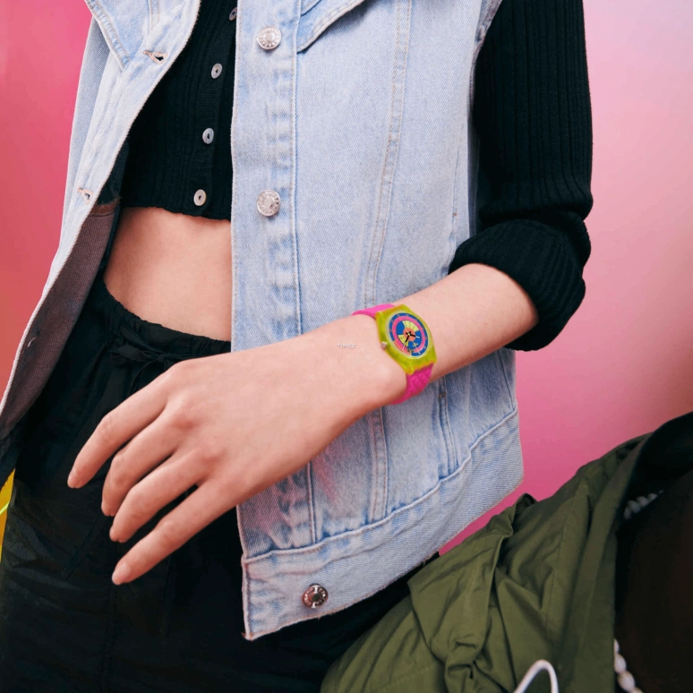 Swatch,NEON 34mm,34mm,Bio-sourced,Multi-Color,Purple,Quartz,Date,Day,SO28J700