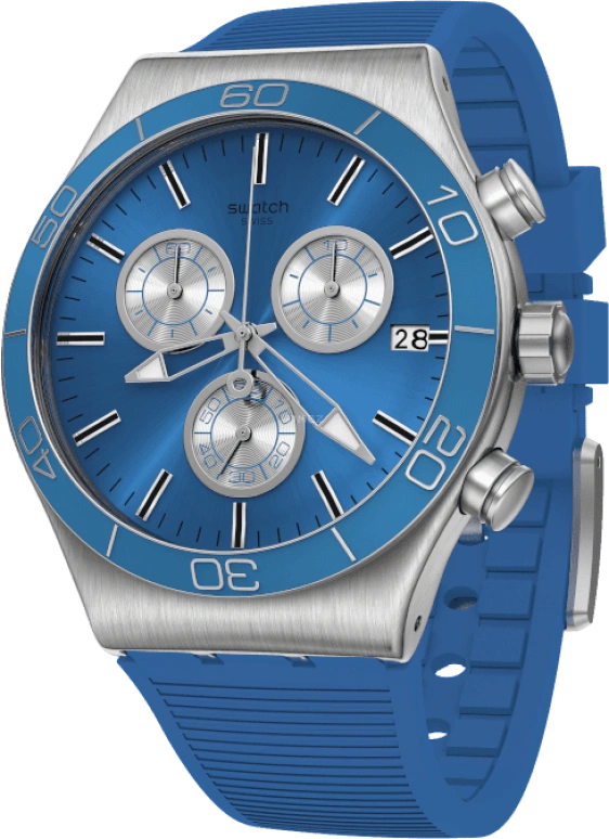 Swatch,IRONY 43mm,43mm,Stainless Steel,Black,Silver,Blue,Minutes,YVS485
