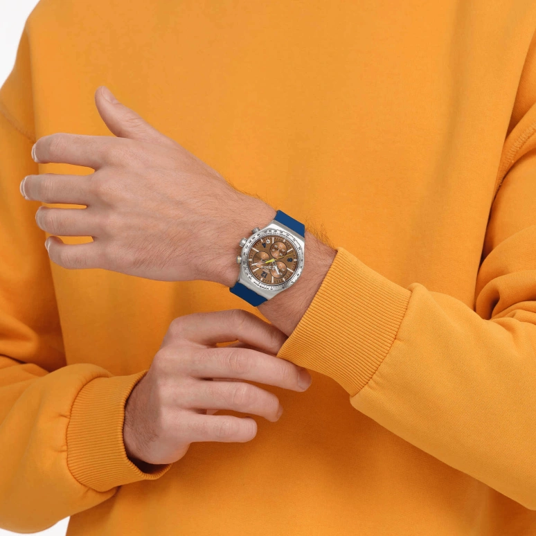 Swatch,IRONY 43mm,43mm,Stainless Steel,Brown,Quartz,Chronograph,Day,YVS534