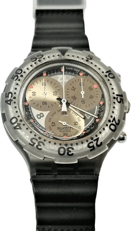 Swatch,Other 43mm,43mm,Plastic,Silver,Quartz,Chronograph,Sapphire,SBM103