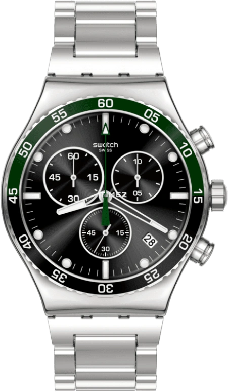 Swatch,Other 43mm,43mm,Stainless Steel,Black,Quartz,Chronograph,Day,YVS506G