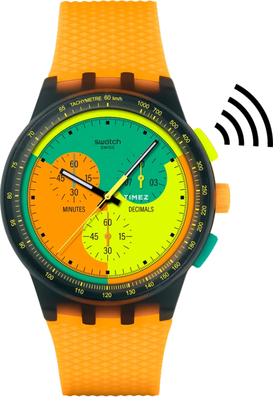 Swatch,NEON 42mm,42mm,Composite,Orange,Yellow,Green,Quartz,Chronograph,Round,SUSB108,SUSB108-6000