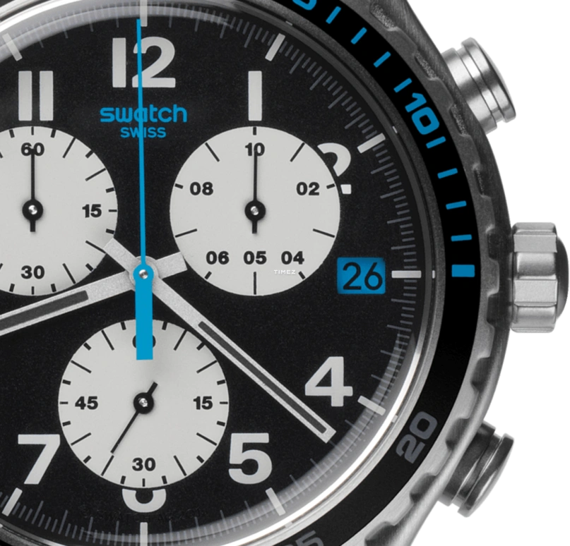 Swatch,Other 43mm,43mm,Stainless Steel,Black,Quartz,Chronograph,Day,YVS409