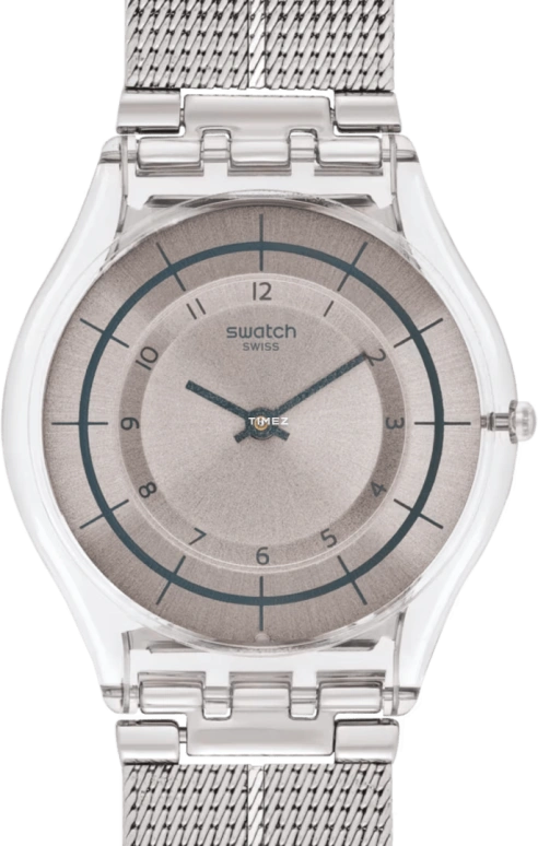 Swatch,SKIN 34mm,34mm,Plastic,Silver,Quartz,Tonneau,Transparent,SFE109M