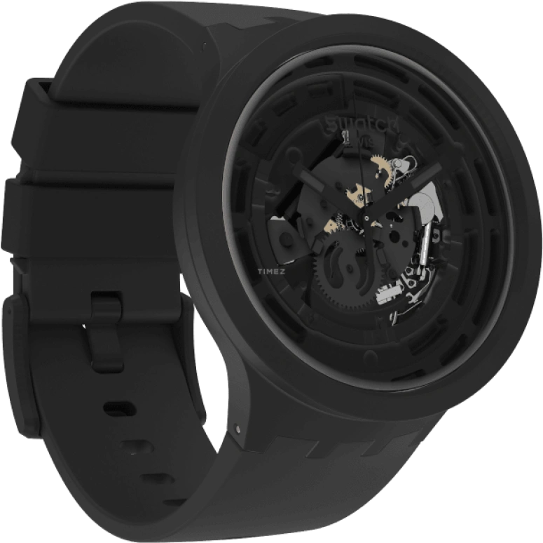 Swatch,Other 47mm,47mm,Bioceramic,Black,Skeleton,Quartz,Sapphire,Crystal Glass,Round,SB03B100