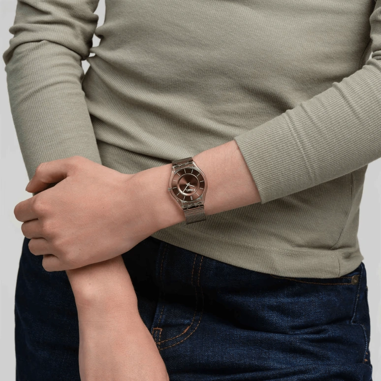 Swatch,SKIN 34mm,34mm,Bio-sourced,Coffee,Quartz,Sapphire,Tonneau,SS08K121M