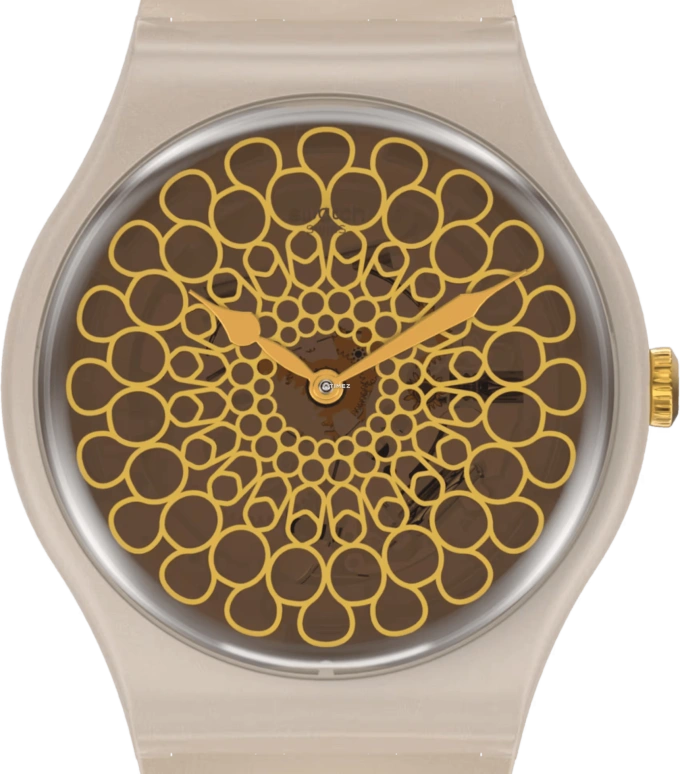 Swatch,Special Edition 41mm,41mm,Plastic,Yellow,Brown,Quartz,Tonneau,Cream,SUOZ329