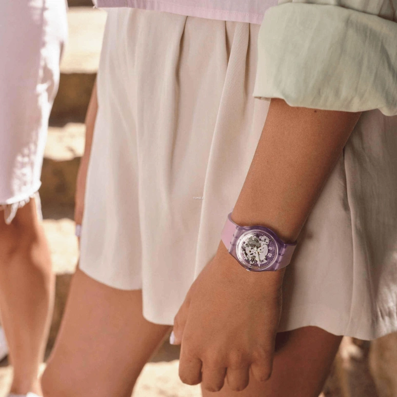 Swatch,Other 34mm,34mm,Plastic,Purple,Skeleton,Quartz,Sapphire,Crystal Glass,Round,GV136
