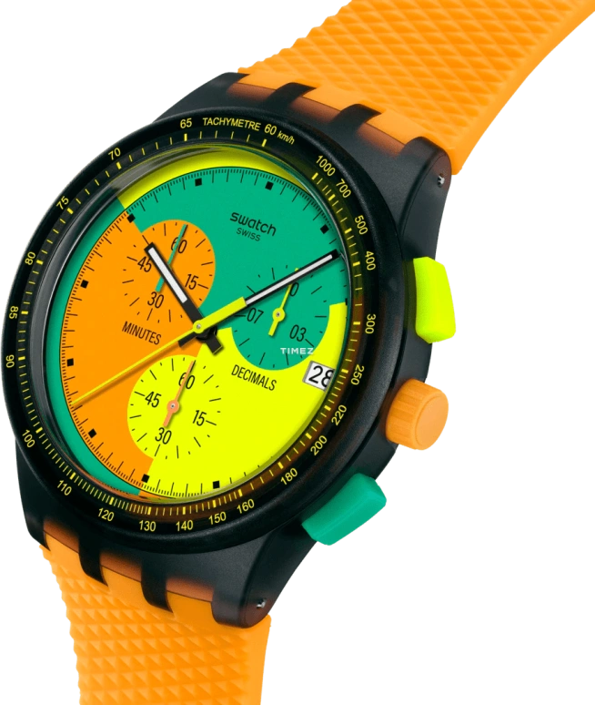 Swatch,NEON 42mm,42mm,Composite,Multi-Color,Orange,Green,Yellow,Quartz,Chronograph,Day,SUSB422