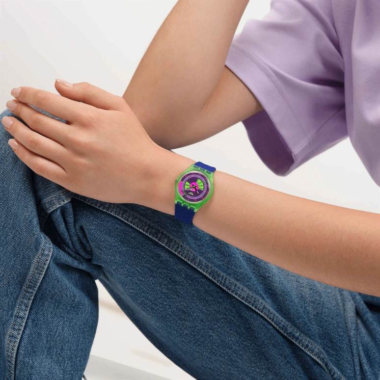 Swatch,NEON 34mm,34mm,Bio-sourced,Purple,Green,Quartz,Date,Day,SO28G704
