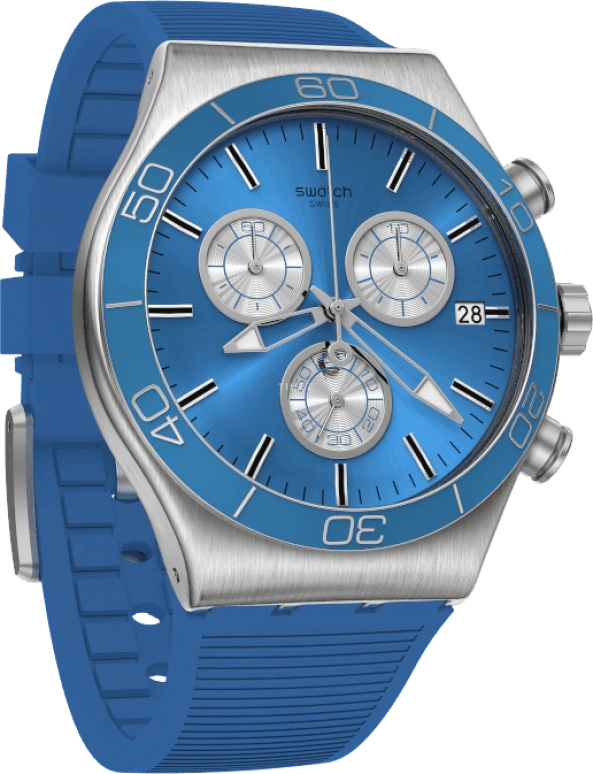 Swatch,IRONY 43mm,43mm,Stainless Steel,Black,Silver,Blue,Minutes,YVS485