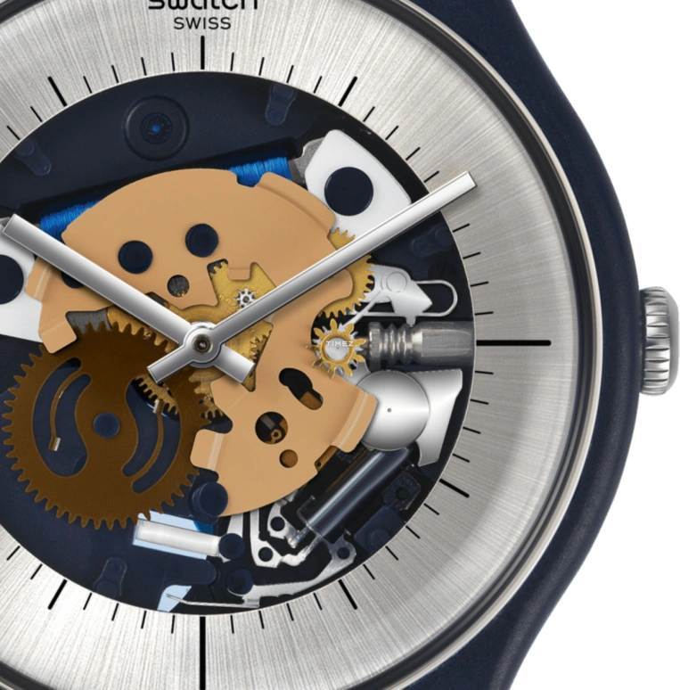 Swatch,Originals 41mm,41mm,Plastic,Silver,Skeleton,Quartz,Tonneau,Blue,SUON129
